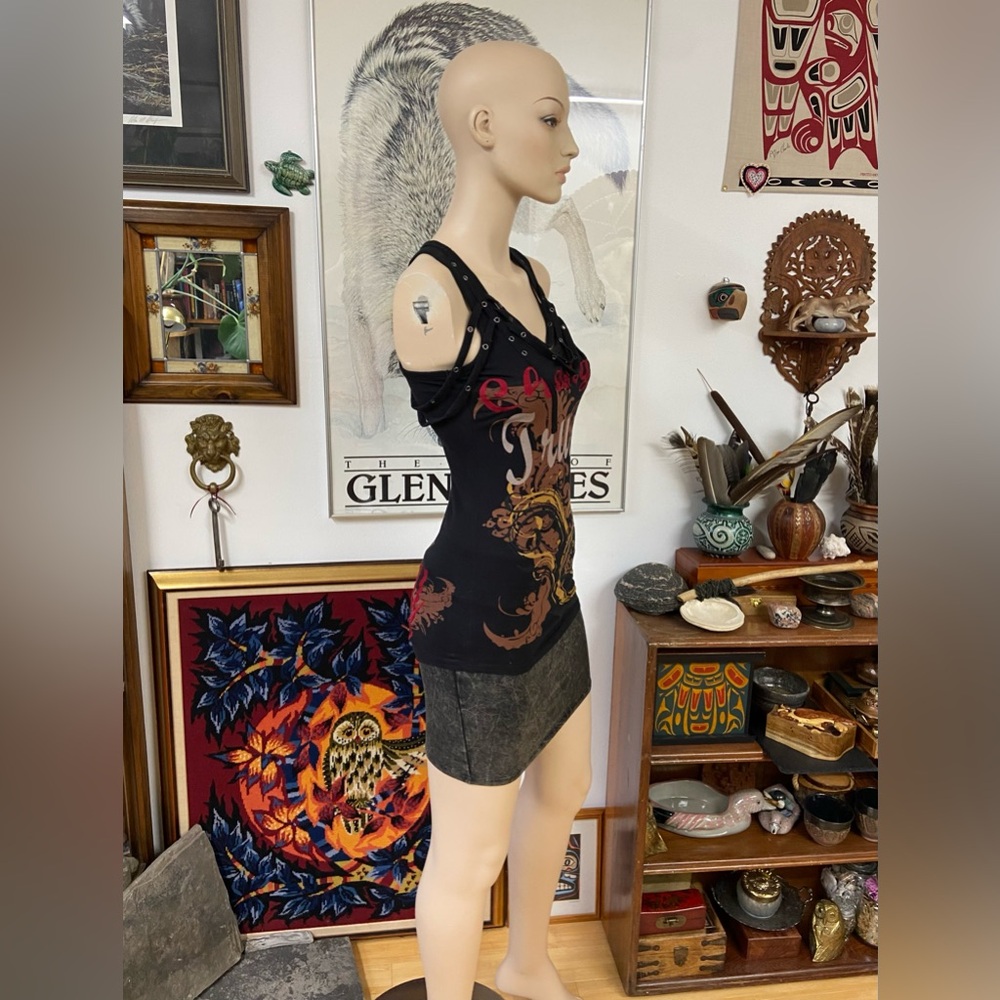 Edgy Y2K Tank-top w/t  Asymmetrical with Riveted Straps & Embroidery